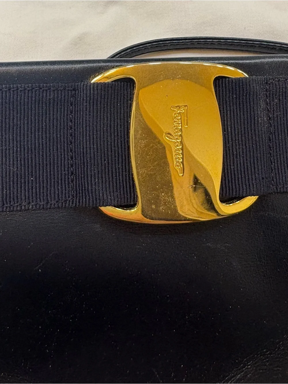 Salvatore Ferragamo Black and Gold Logo Interior Handbag